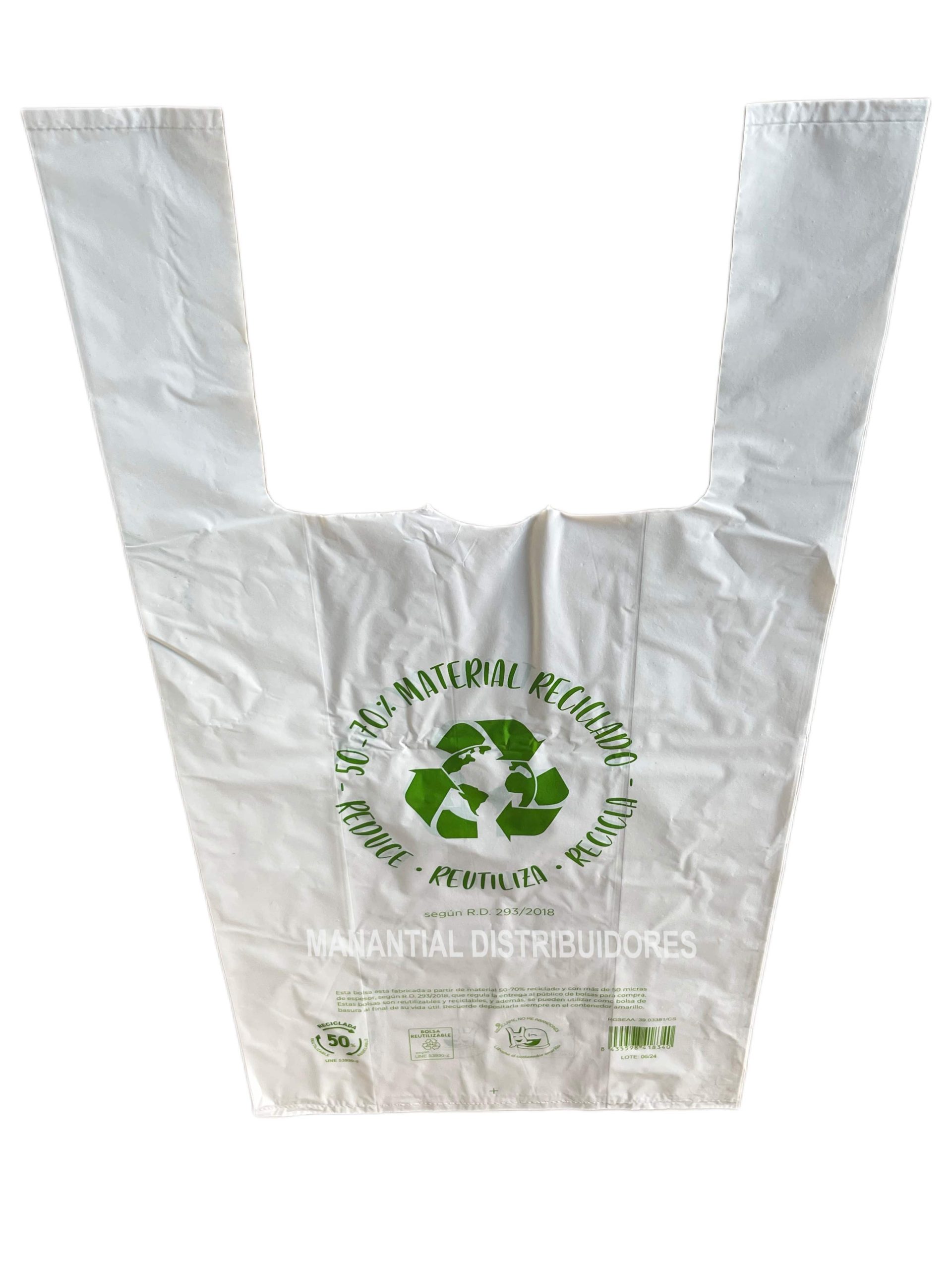 Paquete 50 unidades. Bolsas asa 70% reciclado. Medida 42x53.